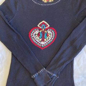 Twisted Heart Thermal Long Sleeve Sweater w/ Embroidered Design (Sz L) VINTAGE